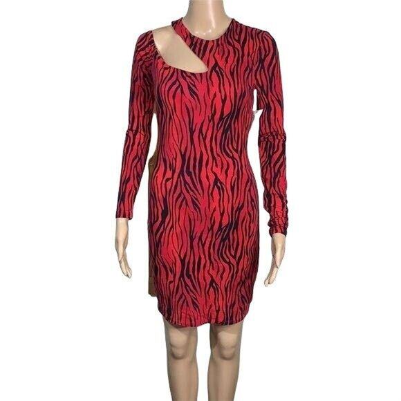 Guess Womens Shasti Animal Print Bodycon Cutout Mini Dress Red Black Small - Picture 1 of 14